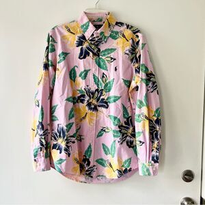 Polo Ralph Lauren Oxford Cloth Shirt Pink Hibiscus Hawaiian Print Button Down